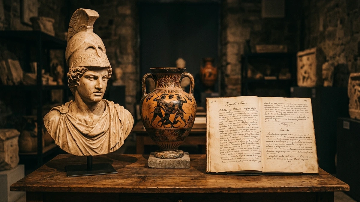 Związki frazeologiczne w kulturze i literaturze — marmurowy popiersie Achillesa obok amfory i manuskryptu