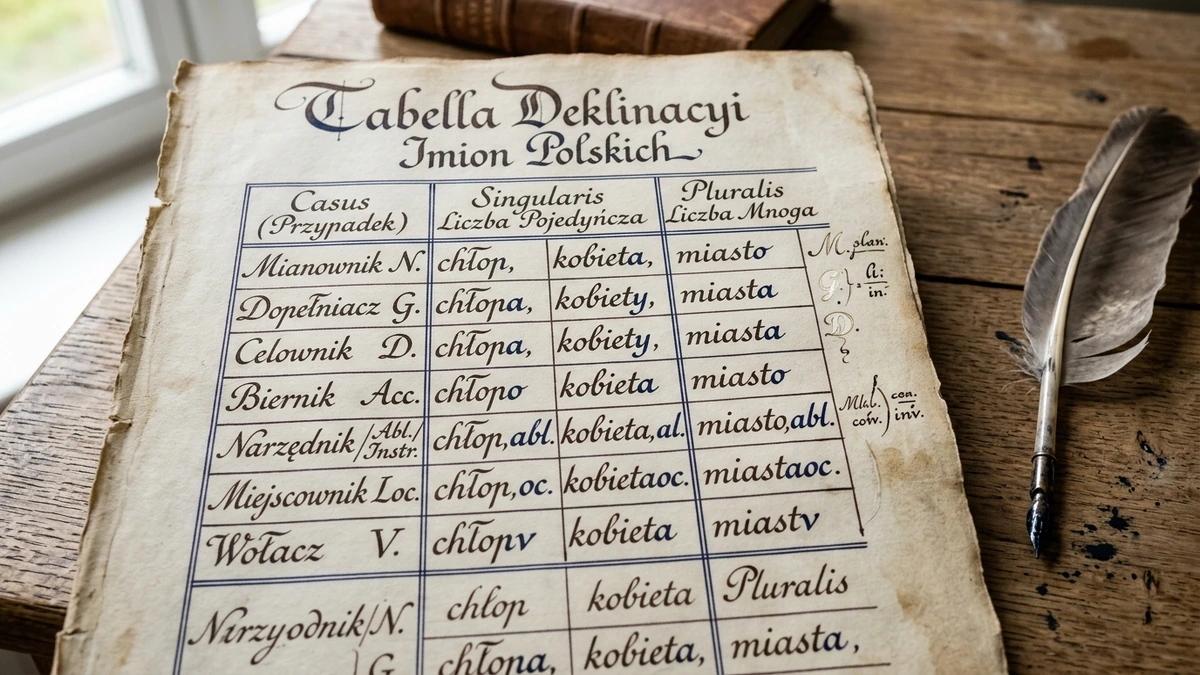 Manuskrypt lingwistyczny przedstawiający tabelę 7 przypadków deklinacji w języku polskim